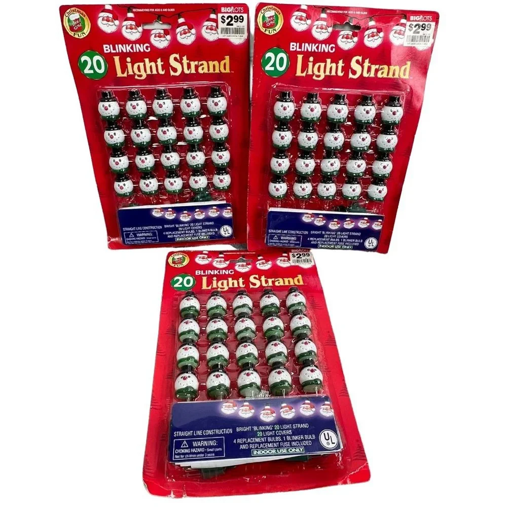 Vintage Blinking Light Strand Snowman Blow Mold x3 String Christmas Lights NIB
